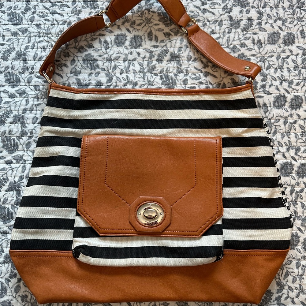 Imoshion Black and White Striped Tote with Brown Accents